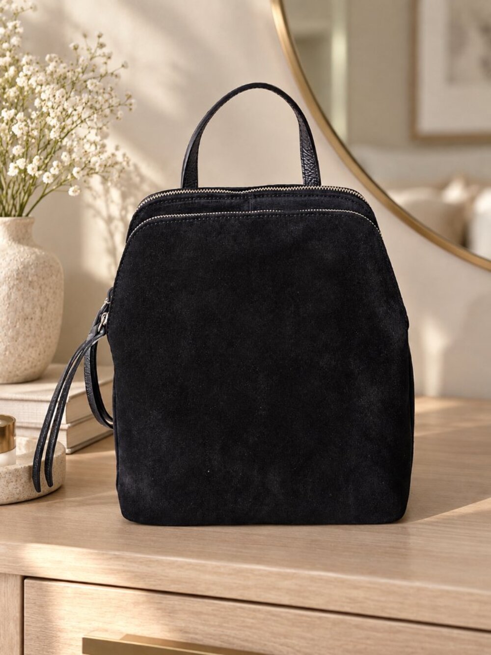 Black Suede Backpack, Genuine Italian Leather Backpack, Womens Medium Backpack